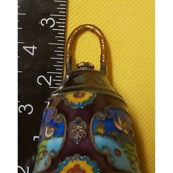 Vintage Cloisonné Enamel Bell With Intricate Floral & Bird Design Purple Blue - Picture 11 of 12
